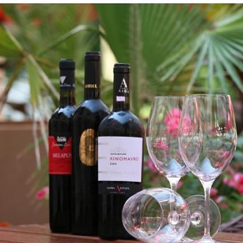 Drei Flaschen griechischer Rotwein mit Weingläsern vor Grünpflanzen im Gastgarten